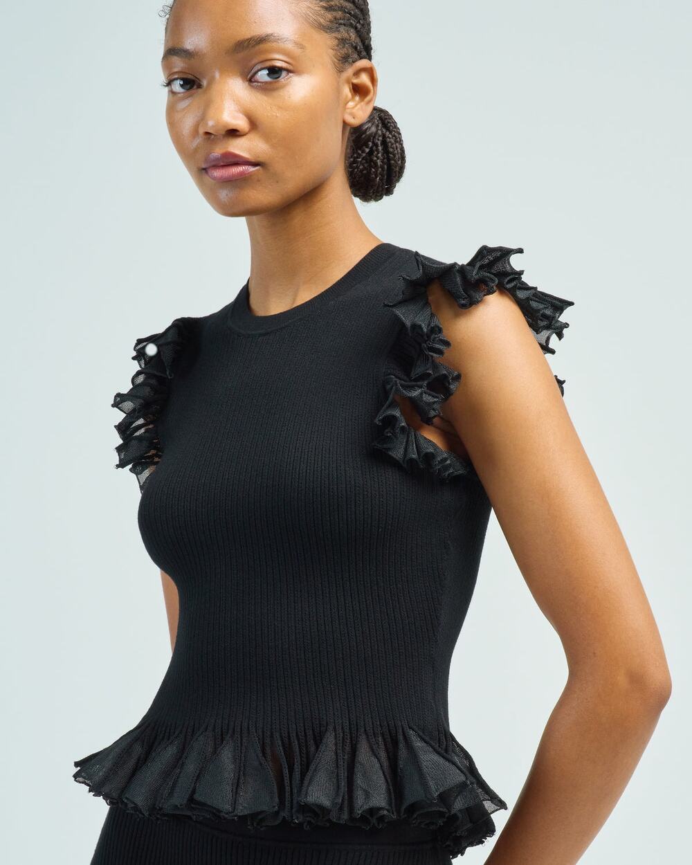 Ulla Johnson Leila Rib Knit Ruffle Top – Black (Noir) | Size Small